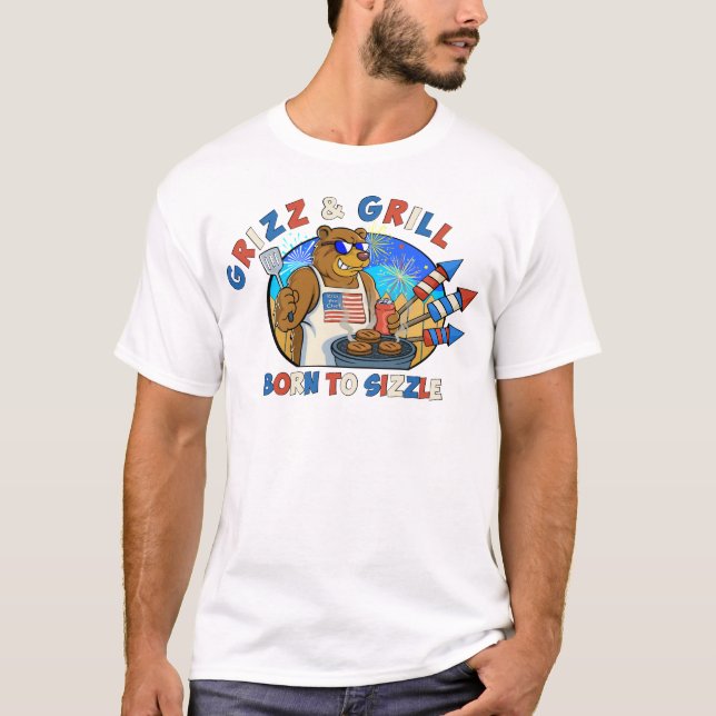 Grizz & Grill: Born till Sizzle Beer, Burger T Shirt (Framsida)