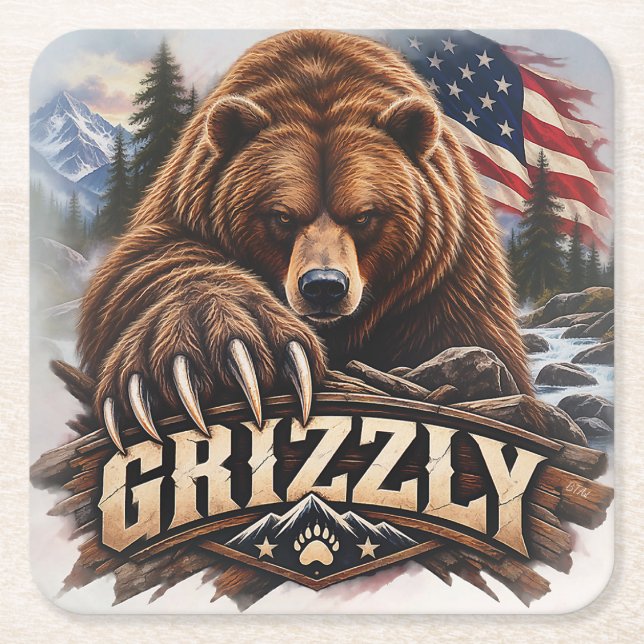 Grizzly – Amerikansk vildmark Underlägg Papper Kvadrat (Framsidan)