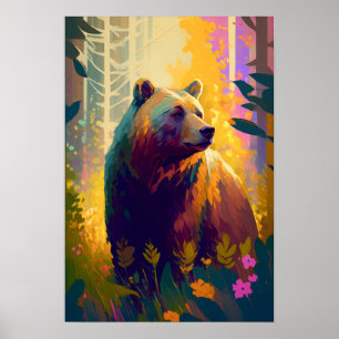 Grizzly Bear Animal Porträtt Painting Wildlife Art Poster