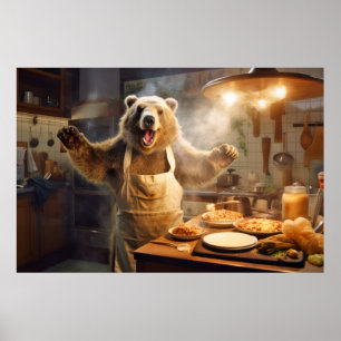 Grizzly Bear Animal Roligt Cooking Kitchen Lycklig Poster