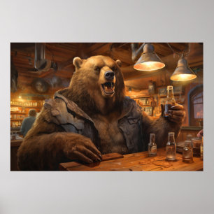 Grizzly Bear Animal Roligt Dricker Lycklig Slappna Poster