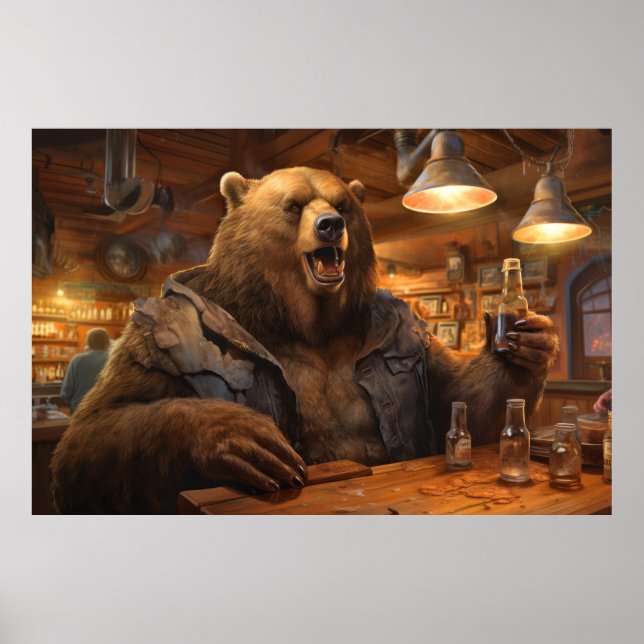 Grizzly Bear Animal Roligt Dricker Lycklig Slappna Poster (Framsidan)