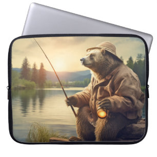 Grizzly Bear Animal Roligt Sjö Fishing Lycklig Tim Laptop Fodral