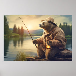 Grizzly Bear Animal Roligt Sjö Fishing Lycklig Tim Poster