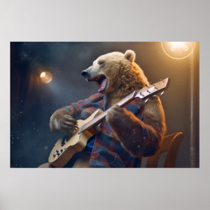Grizzly Bear Animal Roligt Spelar Guitar Lycklig T Poster