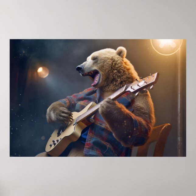 Grizzly Bear Animal Roligt Spelar Guitar Lycklig T Poster (Framsidan)
