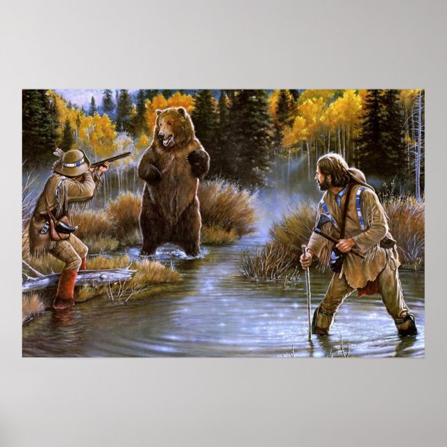 Grizzly Bear Attacks Frontiersmen Vild Natur Poster (Framsidan)