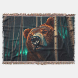 Grizzly Bear, Birches and Aurora Art Filt
