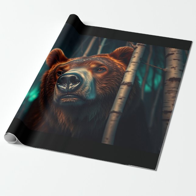 Grizzly Bear, Birches and Aurora Art Presentpapper (Utrullad)