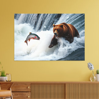 Grizzly Bear Catching Salmon Canvastryck