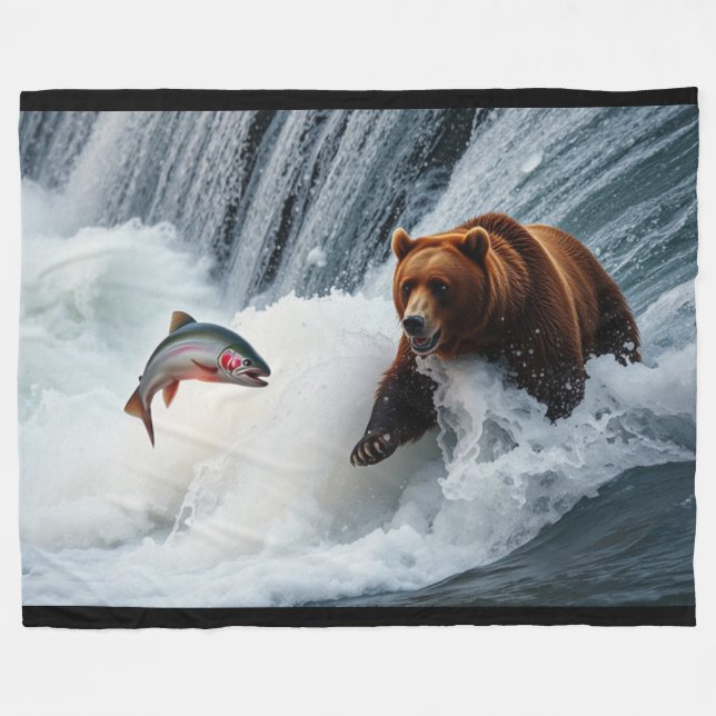 Grizzly Bear Catching Salmon Fleecefilt (Framsidan (Horisontell))