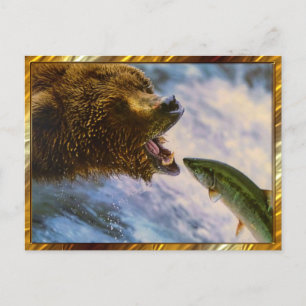 Grizzly Bear Catching Steelhead Salmon Postcard Vykort