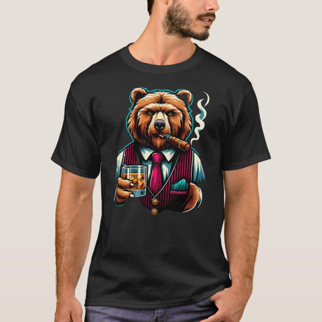 Grizzly Bear Cigar And Whiskey T Shirt (Framsida)