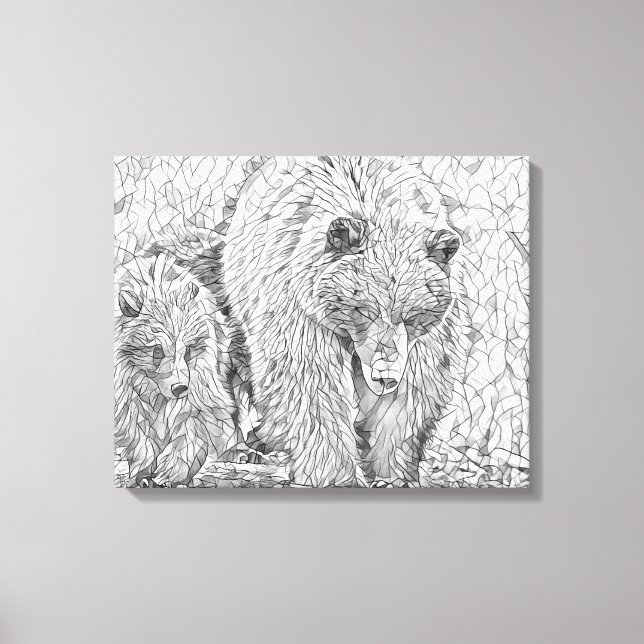 Grizzly Bear & Cub Gray scale abstract coloring  Canvastryck (Framsida)