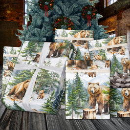 Grizzly Bear Family Roam A Winter Woodland Forest Presentpapper