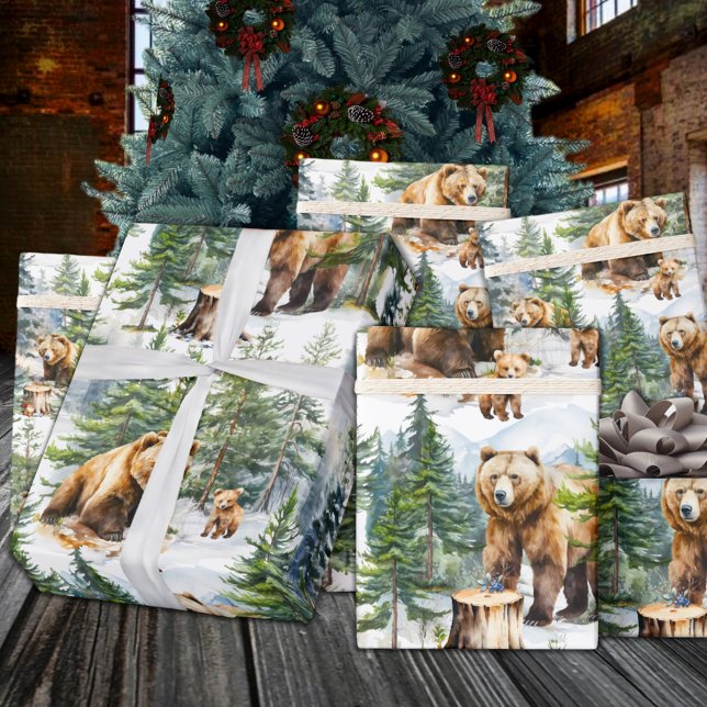 Grizzly Bear Family Roam A Winter Woodland Forest Presentpapper (Grizzly Bear Family Roam A Winter Woodland Forest Wrapping Paper)