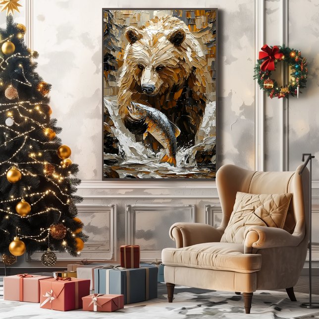 Grizzly Bear Fishing in Dynamic Impasto Stil Canvastryck (Skapare uppladdad)