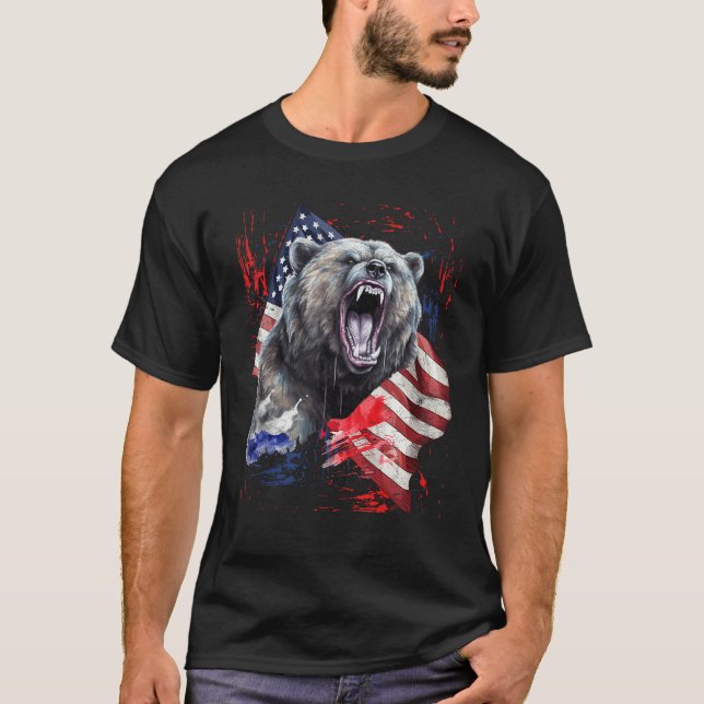 Grizzly Bear Grunge American Flag 4th Of July Patr T Shirt (Framsida)