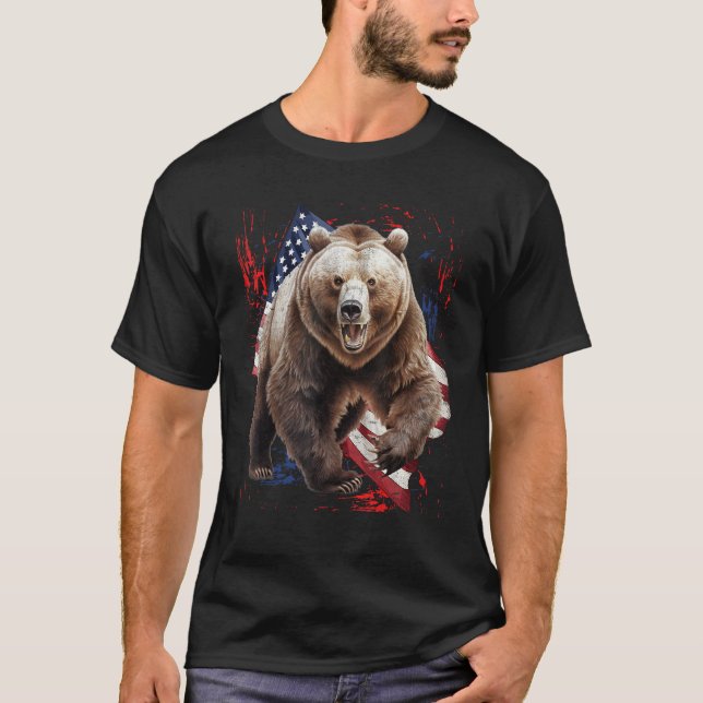 Grizzly Bear Grunge American Flag 4th Of July Patr T Shirt (Framsida)