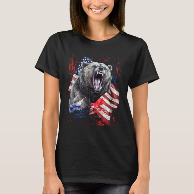 Grizzly Bear Grunge American Flag 4th Of July Patr T Shirt (Framsida)