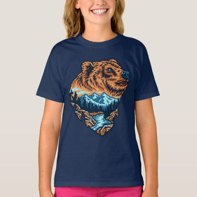 Grizzly Bear Head Silhouette Mountain River T Shirt (Framsida)