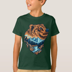 Grizzly Bear Head Silhouette Mountain River T Shirt