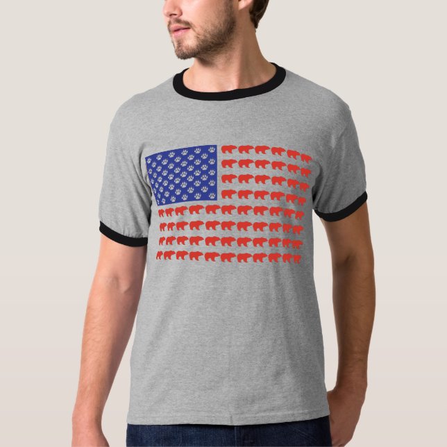 Grizzly Bear i USA flagga T Shirt (Framsida)