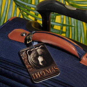 Grizzly Bear Leather Carving Bagagebricka