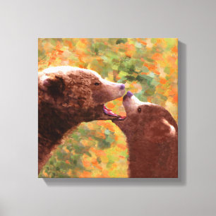 Grizzly Bear Mamma och Unge Painting - Wildlife Ar Canvastryck