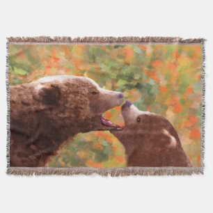 Grizzly Bear Mamma och Unge Painting - Wildlife Ar Filt
