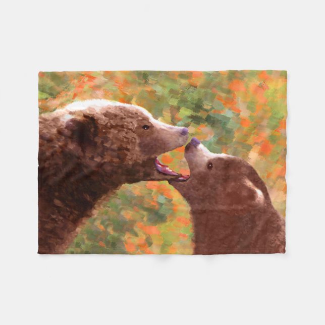 Grizzly Bear Mamma och Unge Painting - Wildlife Ar Fleecefilt (Framsidan (Horisontell))