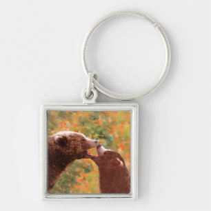 Grizzly Bear Mamma och Unge Painting - Wildlife Ar Fyrkantig Silverfärgad Nyckelring
