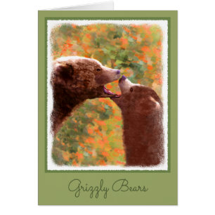 Grizzly Bear Mamma och Unge Painting - Wildlife Ar Hälsningskort