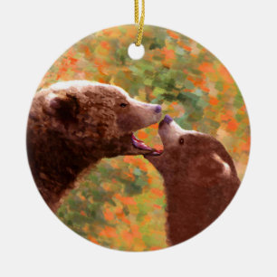 Grizzly Bear Mamma och Unge Painting - Wildlife Ar Julgransprydnad Keramik