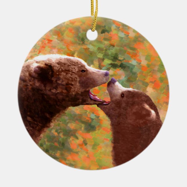 Grizzly Bear Mamma och Unge Painting - Wildlife Ar Julgransprydnad Keramik (Framsidan)