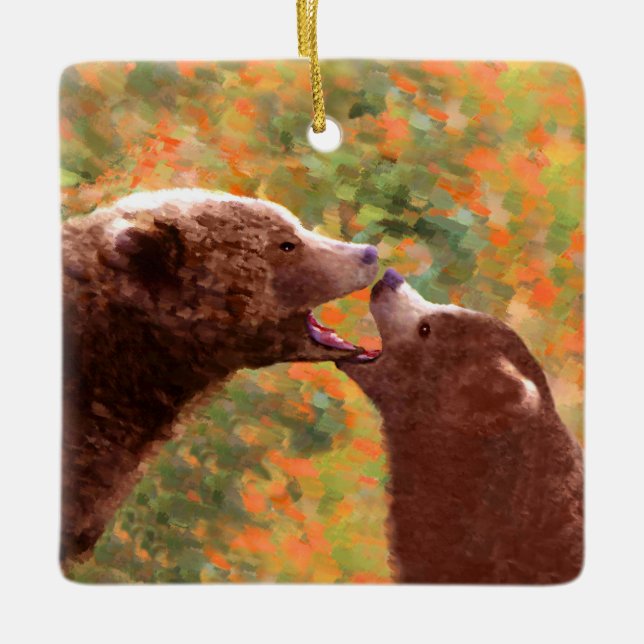 Grizzly Bear Mamma och Unge Painting - Wildlife Ar Julgransprydnad Keramik (Framsida)