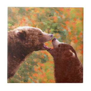 Grizzly Bear Mamma och Unge Painting - Wildlife Ar Kakelplatta