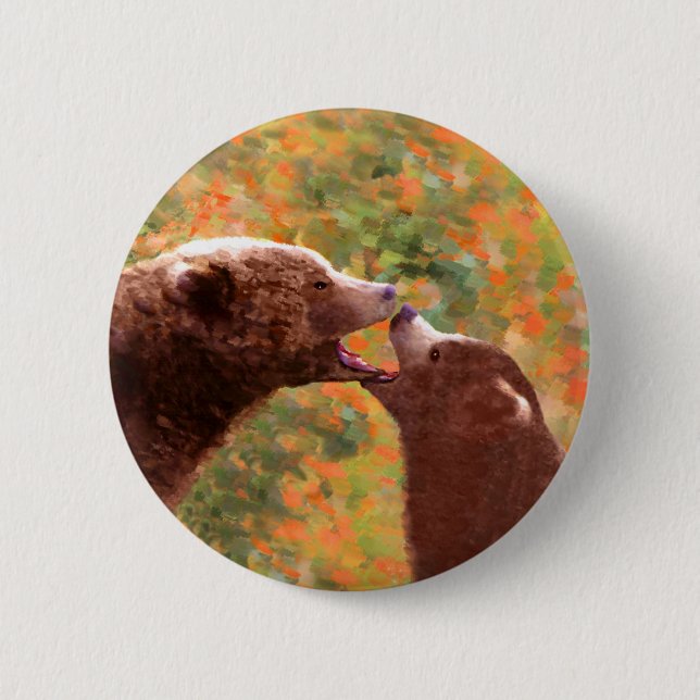 Grizzly Bear Mamma och Unge Painting - Wildlife Ar Knapp (Framsida)