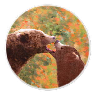 Grizzly Bear Mamma och Unge Painting - Wildlife Ar Knopp