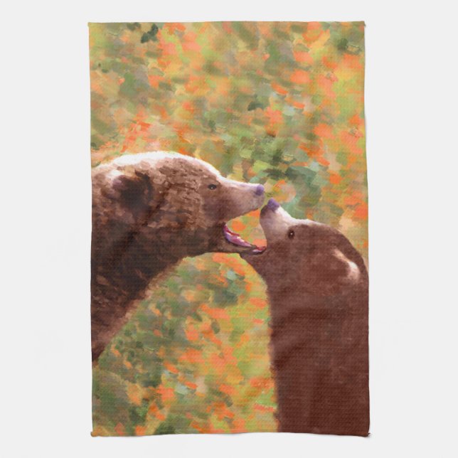 Grizzly Bear Mamma och Unge Painting - Wildlife Ar Kökshandduk (Vertikal)