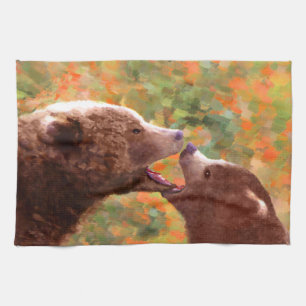 Grizzly Bear Mamma och Unge Painting - Wildlife Ar Kökshandduk