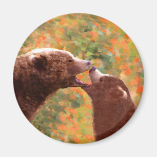 Grizzly Bear Mamma och Unge Painting - Wildlife Ar Magnet