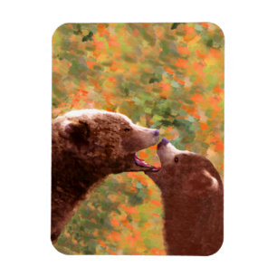 Grizzly Bear Mamma och Unge Painting - Wildlife Ar Magnet