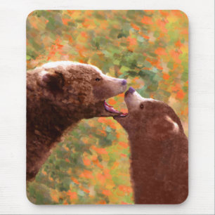 Grizzly Bear Mamma och Unge Painting - Wildlife Ar Musmatta