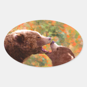 Grizzly Bear Mamma och Unge Painting - Wildlife Ar Ovalt Klistermärke