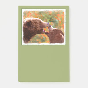 Grizzly Bear Mamma och Unge Painting - Wildlife Ar Post-it Block