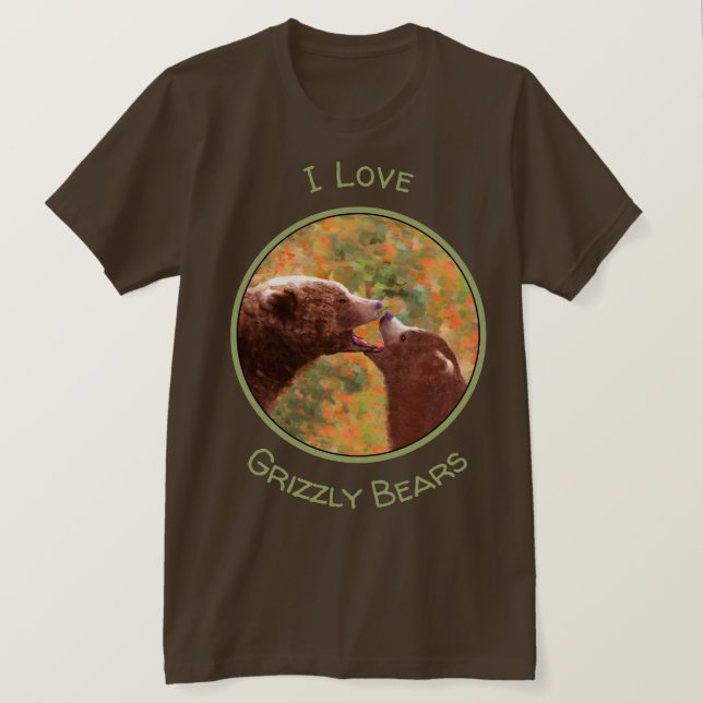 Grizzly Bear Mamma och Unge Painting - Wildlife Ar T Shirt (Design framsida)
