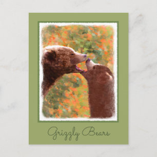 Grizzly Bear Mamma och Unge Painting - Wildlife Ar Vykort