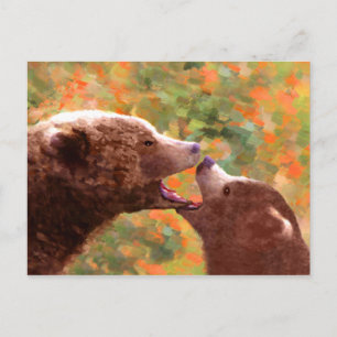 Grizzly Bear Mamma och Unge Painting - Wildlife Ar Vykort