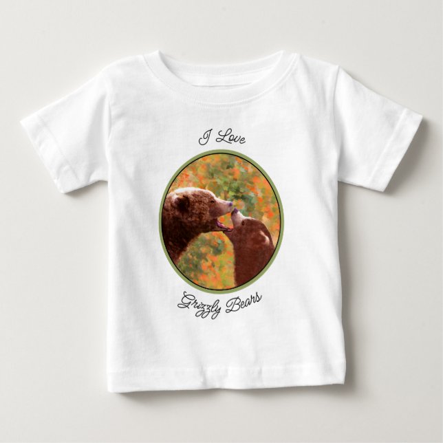 Grizzly Bear Mamma och Unge Painting Wildlife Art  T Shirt (Framsida)